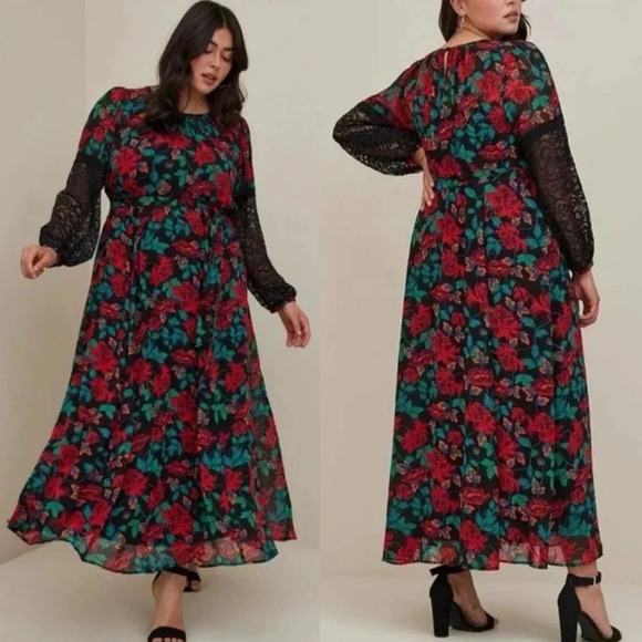 Torrid‎ Maxi Peasant Dress Chiffon Floral Black size 4X Boho Lace Fall Moody - Picture 1 of 9